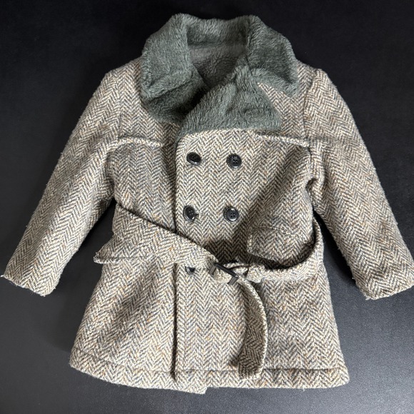 Bespoke Other - Vintage Herringbone Tweed Toddler 12 Mo 1 YO Overcoat Faux Fur Belted Tweed Coat